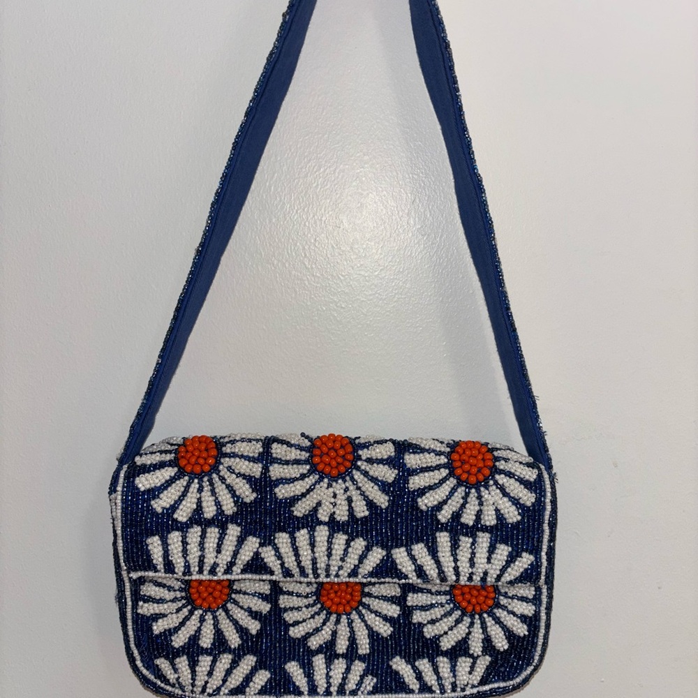 Anthropologie Maeve Blue and White Floral Beaded Shoulder Bag